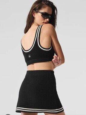 ALO Yoga Black Mini Skirt with White Stripe Hem And Alo Bra Brand New